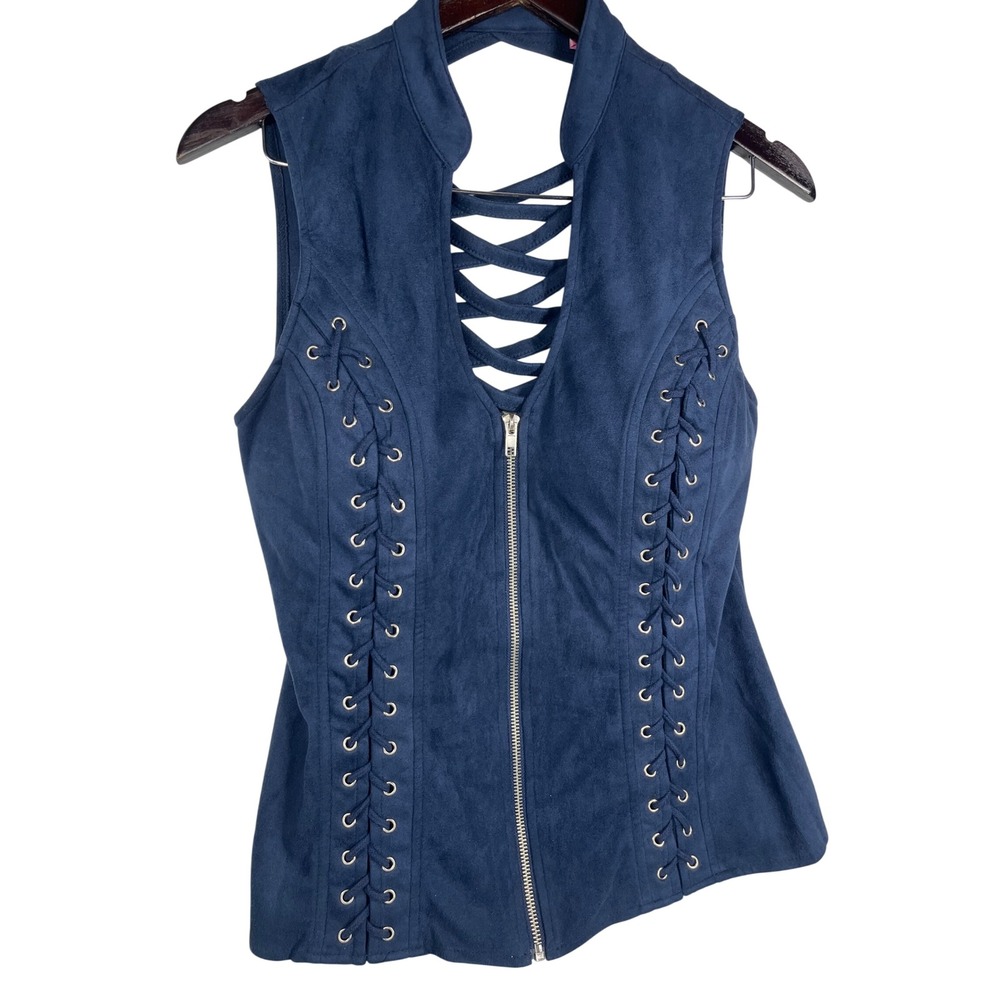 Lydia USA Y2K Edgy Faux Suede Zip Up Corset Vest Navy Grommet Strappy Back Large